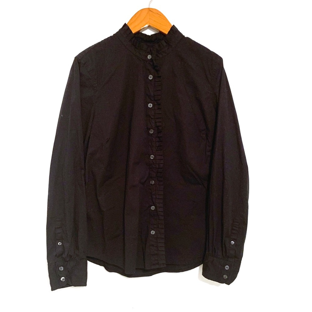 J. Crew Black Button Down w/ Ruffle Trim Sz L EUC